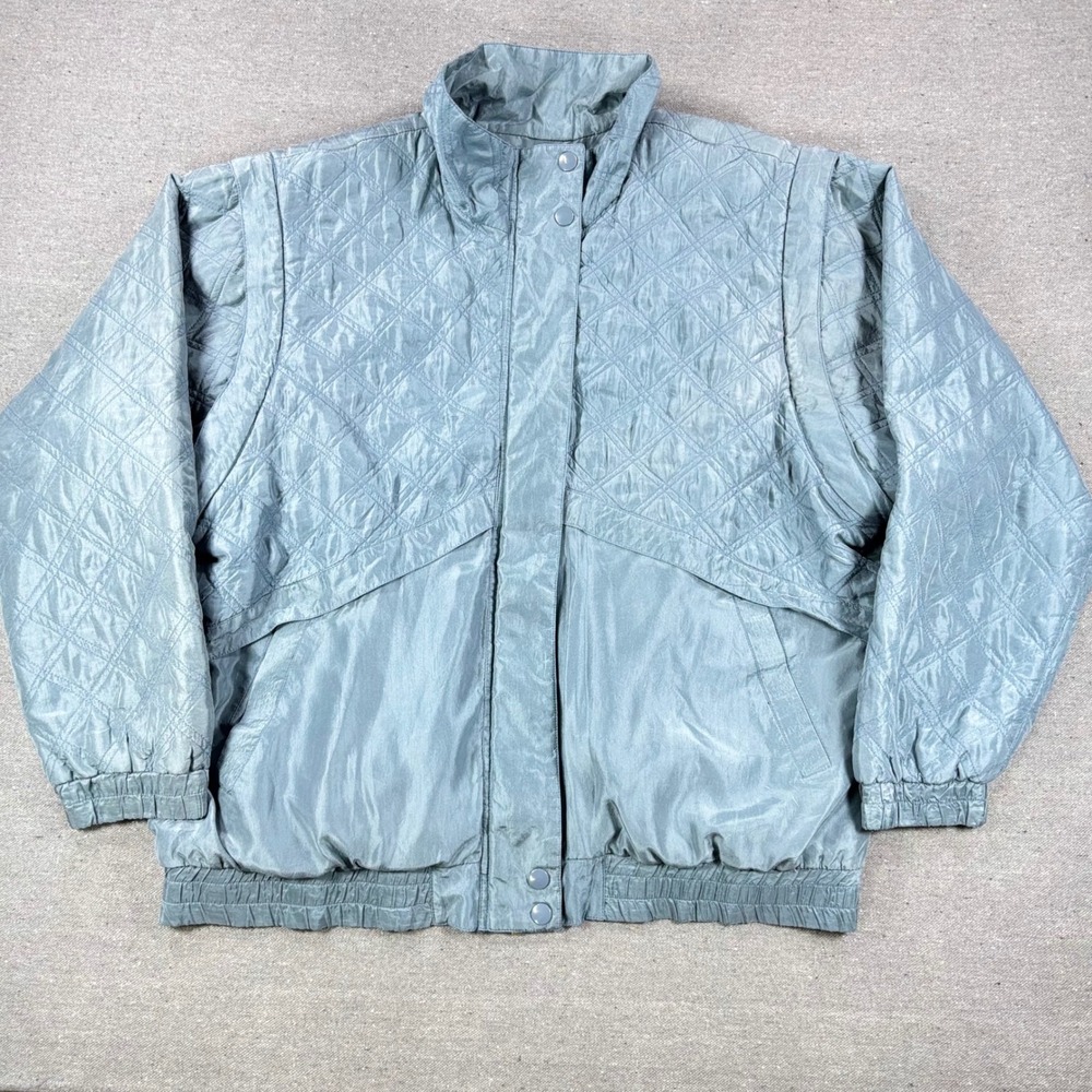 Lavon Quilted Jacket Women Medium Blue 100% Silk Zip-Off Sleeves Vest Vintage
